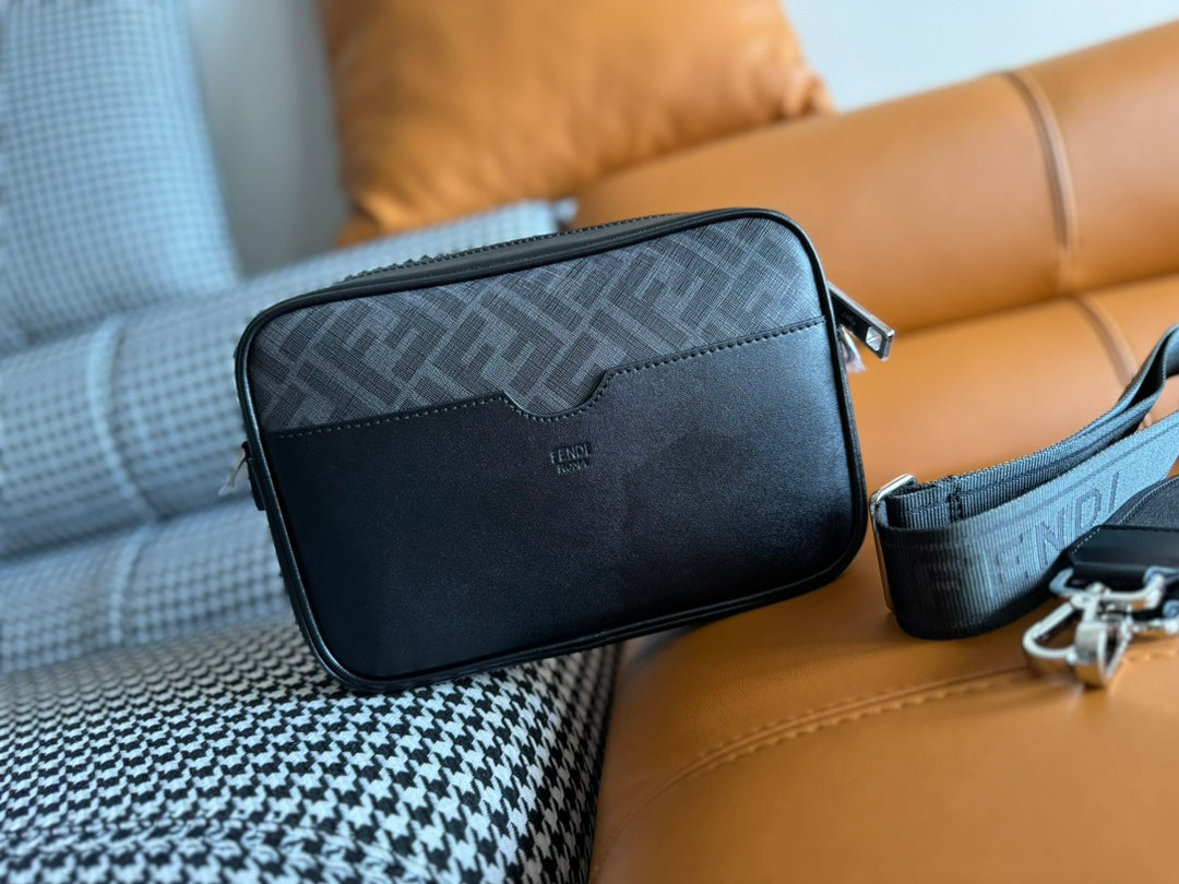 FENDI CLUTCH 22 WITH FF MOTIF IN DARK GRAY TEXTURED FABRIC AND BLACK LAMBSKIN TRIM