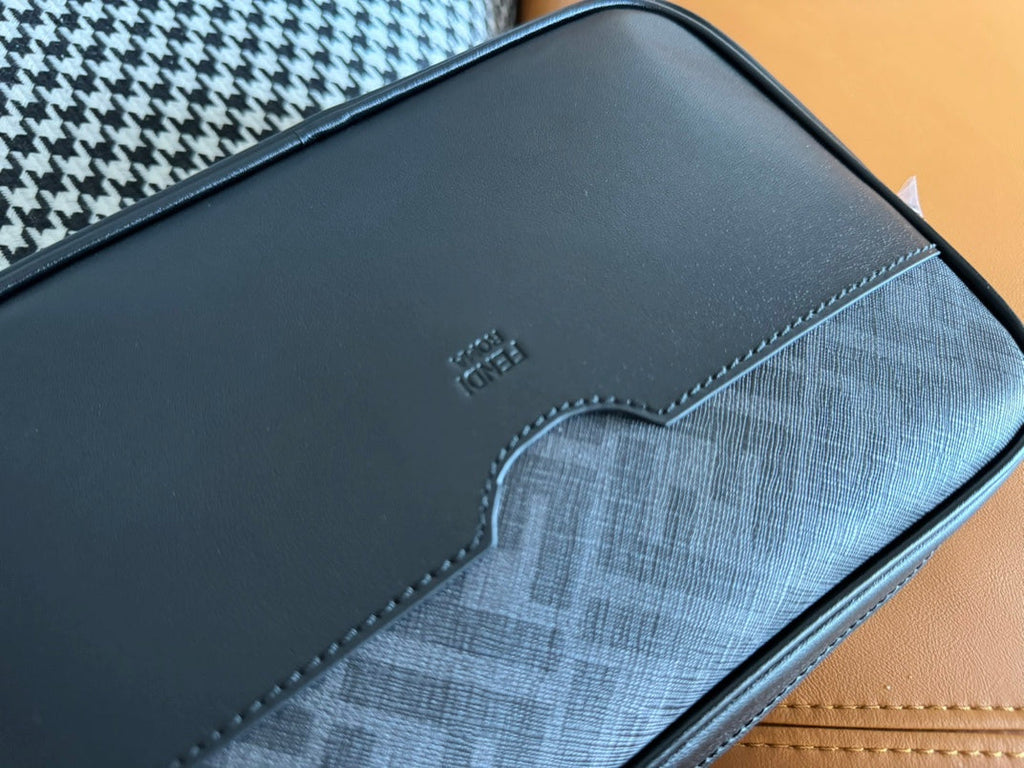 FENDI CLUTCH 22 WITH FF MOTIF IN DARK GRAY TEXTURED FABRIC AND BLACK LAMBSKIN TRIM