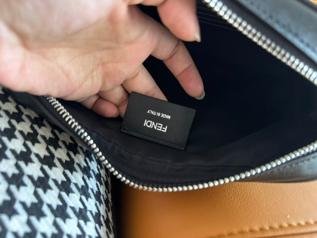 FENDI CLUTCH 22 WITH FF MOTIF IN DARK GRAY TEXTURED FABRIC AND BLACK LAMBSKIN TRIM