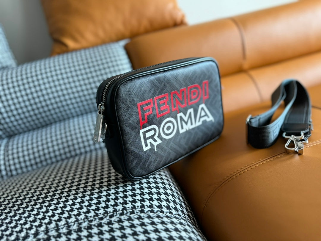 FENDI CLUTCH 22 WITH FF MOTIF IN DARK GRAY TEXTURED FABRIC AND BLACK LAMBSKIN TRIM