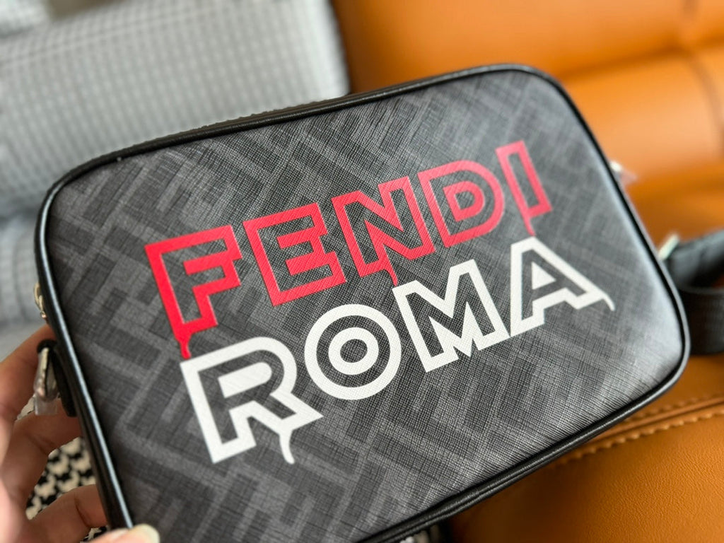 FENDI CLUTCH 22 WITH FF MOTIF IN DARK GRAY TEXTURED FABRIC AND BLACK LAMBSKIN TRIM