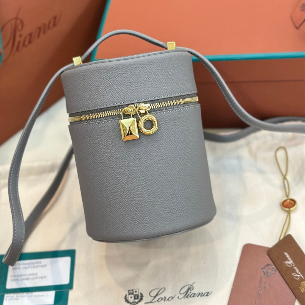 LORO PIANA EXTRA CASE MEDIUM 16 BAG IN DOVE GRAY SMOOTH CALFSKIN WITH GOLD HARDWARE