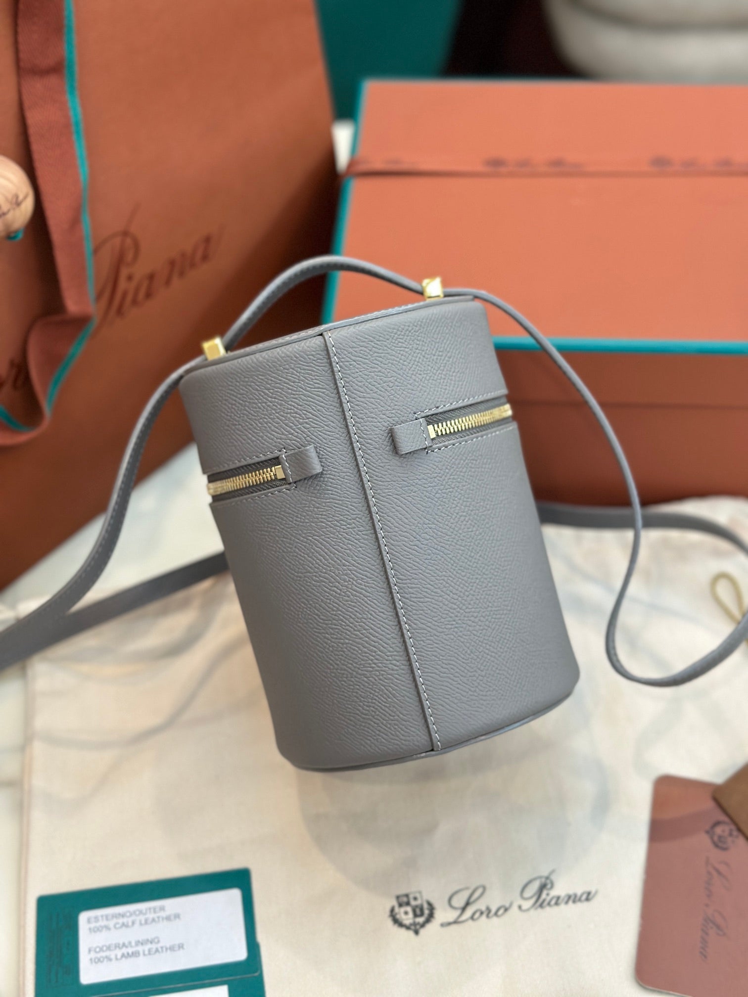 LORO PIANA EXTRA CASE MEDIUM 16 BAG IN DOVE GRAY SMOOTH CALFSKIN WITH GOLD HARDWARE