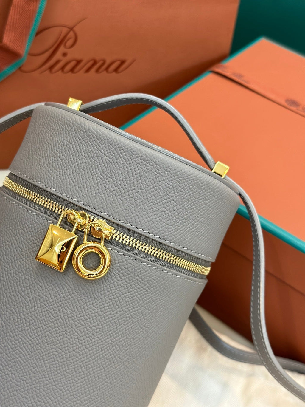 LORO PIANA EXTRA CASE MEDIUM 16 BAG IN DOVE GRAY SMOOTH CALFSKIN WITH GOLD HARDWARE