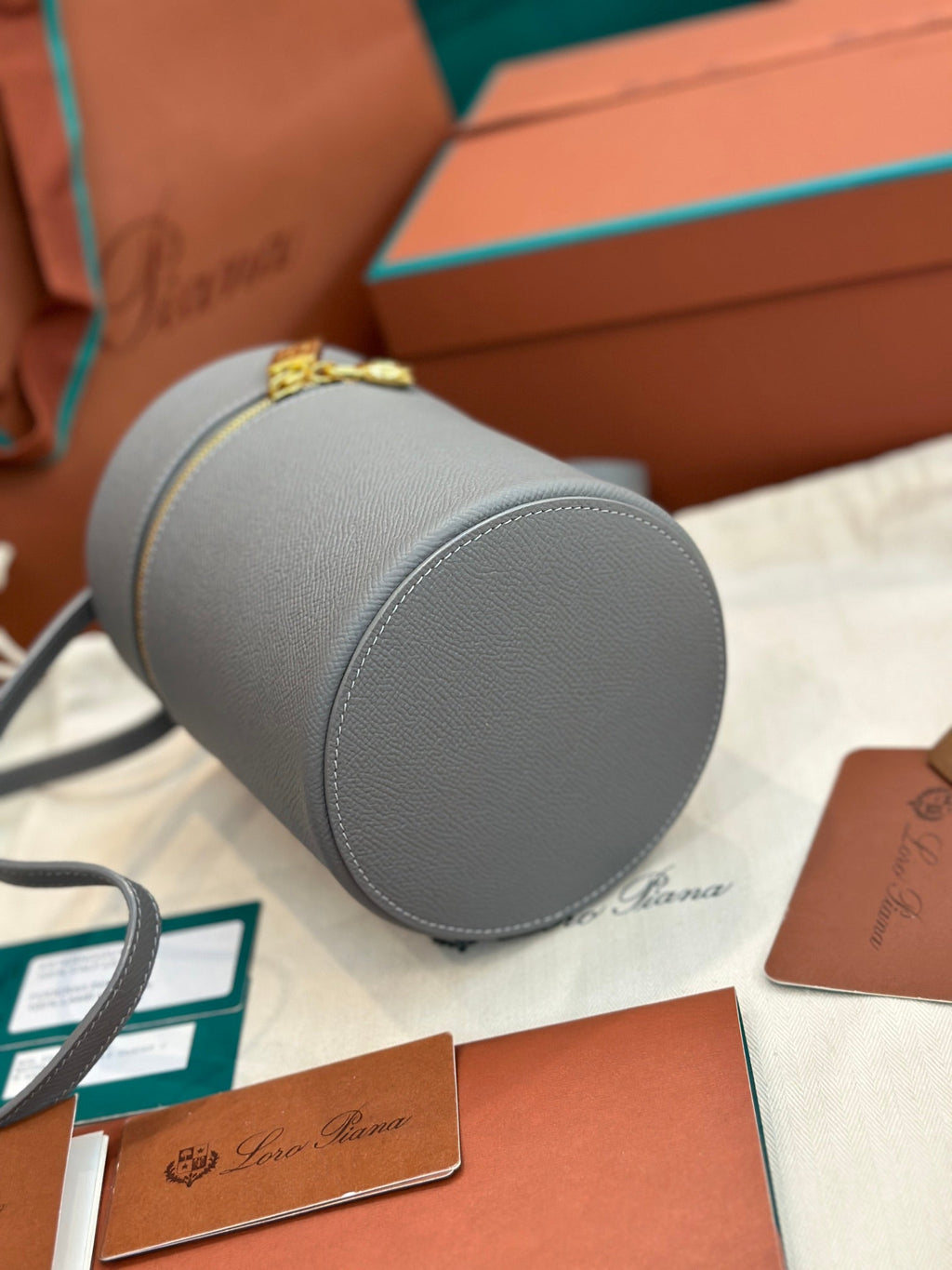 LORO PIANA EXTRA CASE MEDIUM 16 BAG IN DOVE GRAY SMOOTH CALFSKIN WITH GOLD HARDWARE