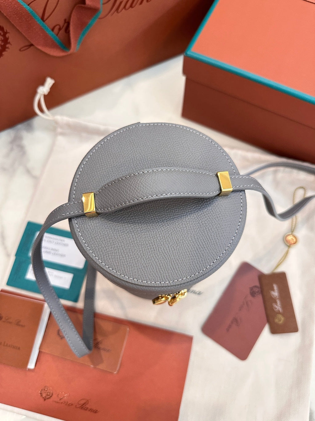 LORO PIANA EXTRA CASE MEDIUM 16 BAG IN DOVE GRAY SMOOTH CALFSKIN WITH GOLD HARDWARE