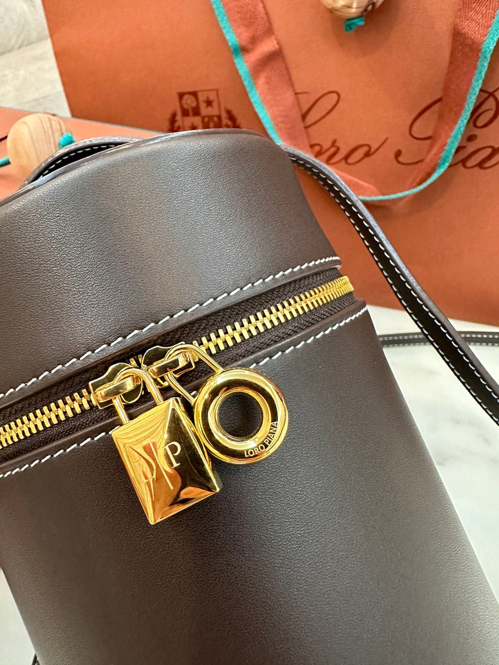 LORO PIANA EXTRA CASE MEDIUM 16 BAG IN CHOCOLATE BROWN SMOOTH CALFSKIN WITH GOLD HARDWARE