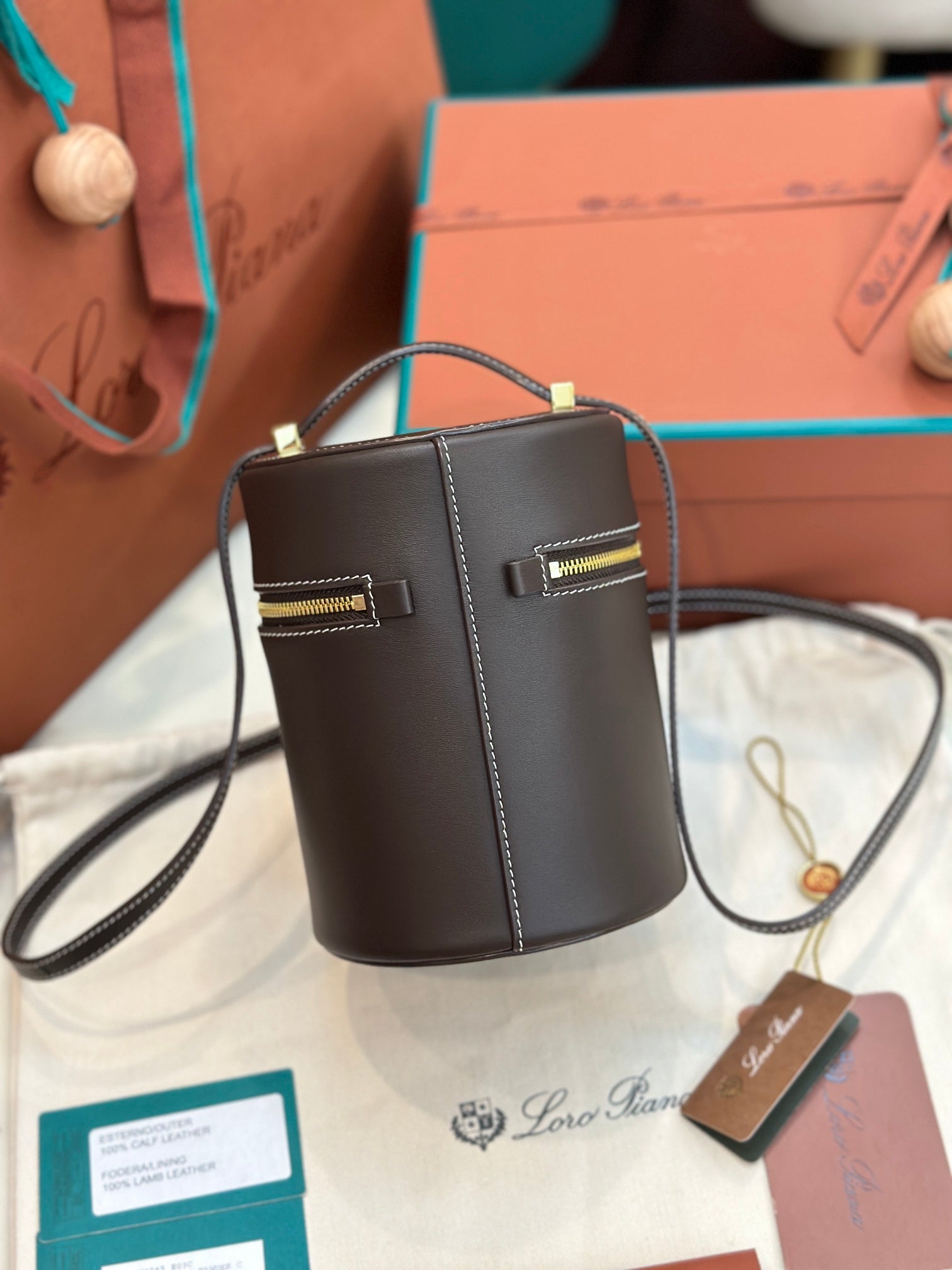 LORO PIANA EXTRA CASE MEDIUM 16 BAG IN CHOCOLATE BROWN SMOOTH CALFSKIN WITH GOLD HARDWARE