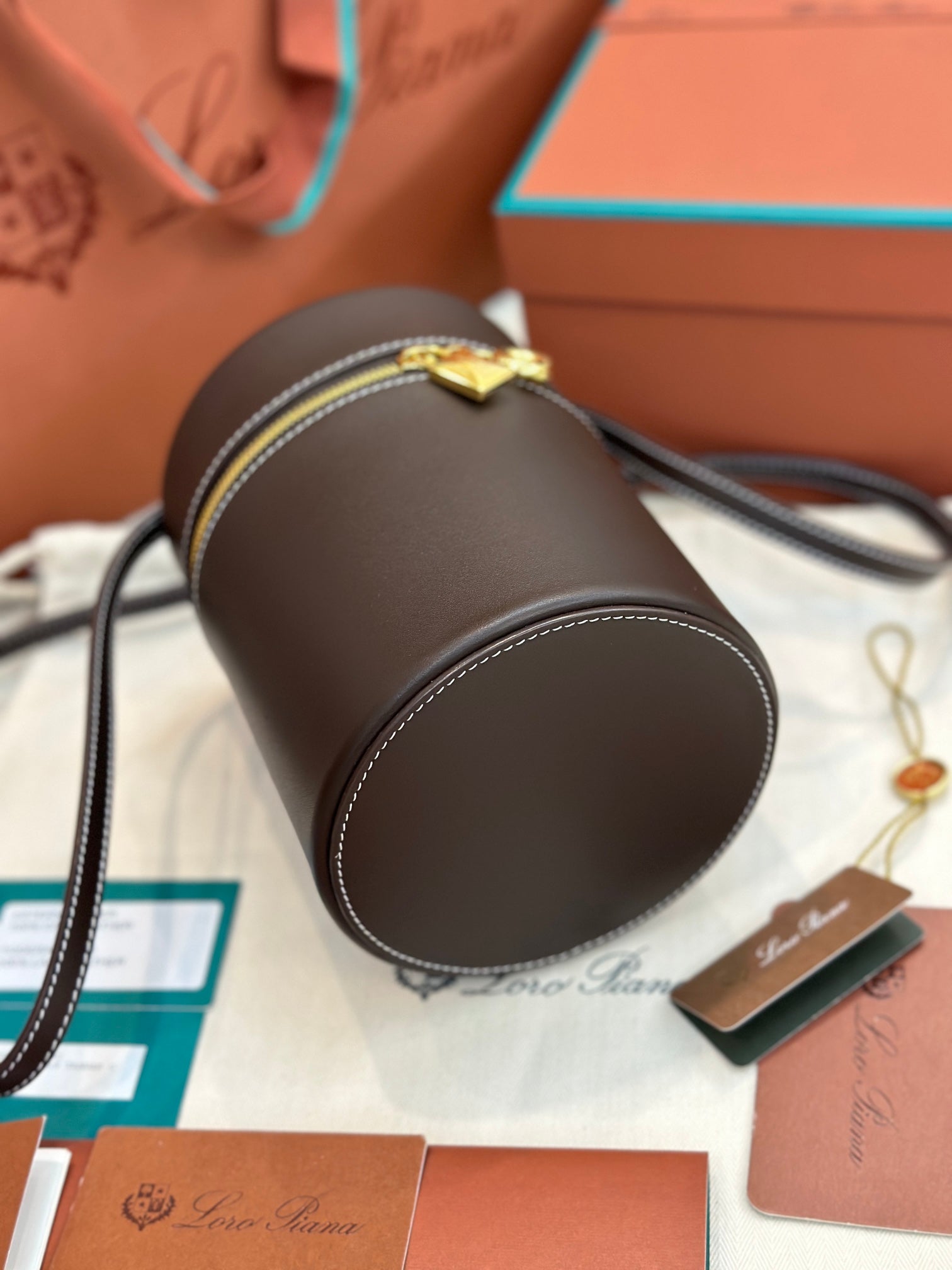 LORO PIANA EXTRA CASE MEDIUM 16 BAG IN CHOCOLATE BROWN SMOOTH CALFSKIN WITH GOLD HARDWARE