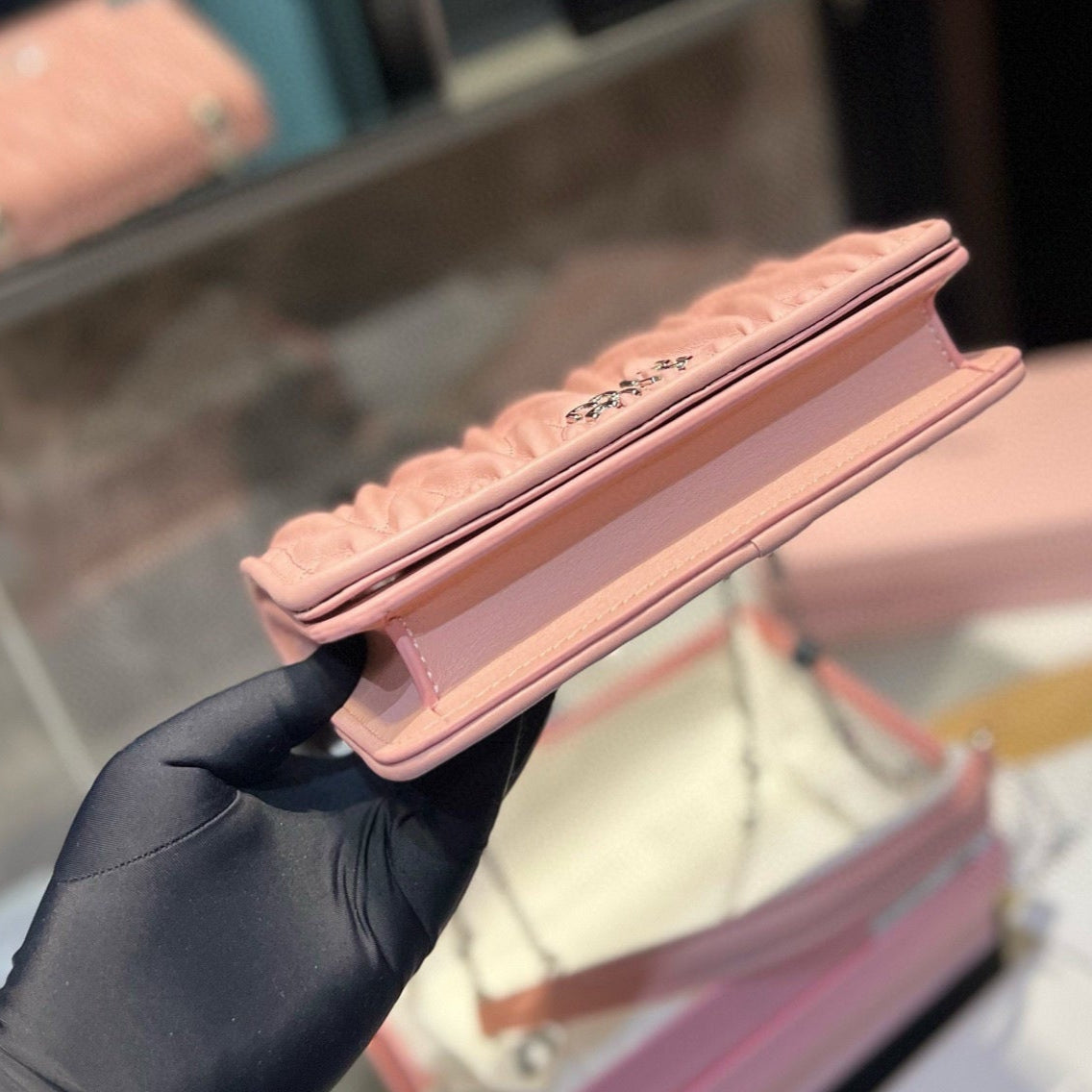 MIU MIU MATELASSé CRYSTAL CHAIN BAG 21 IN BABY PINK LAMBSKIN