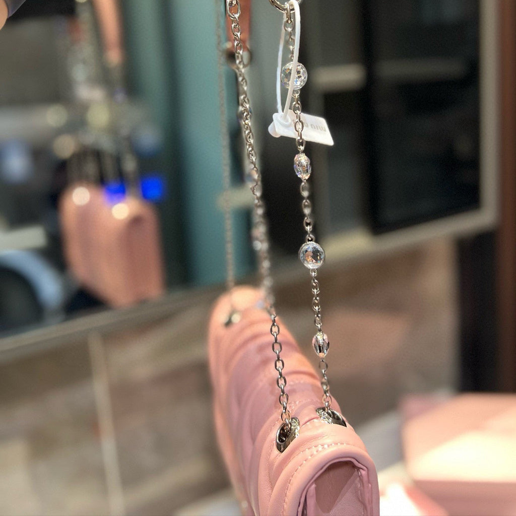 MIU MIU MATELASSé CRYSTAL CHAIN BAG 21 IN BABY PINK LAMBSKIN