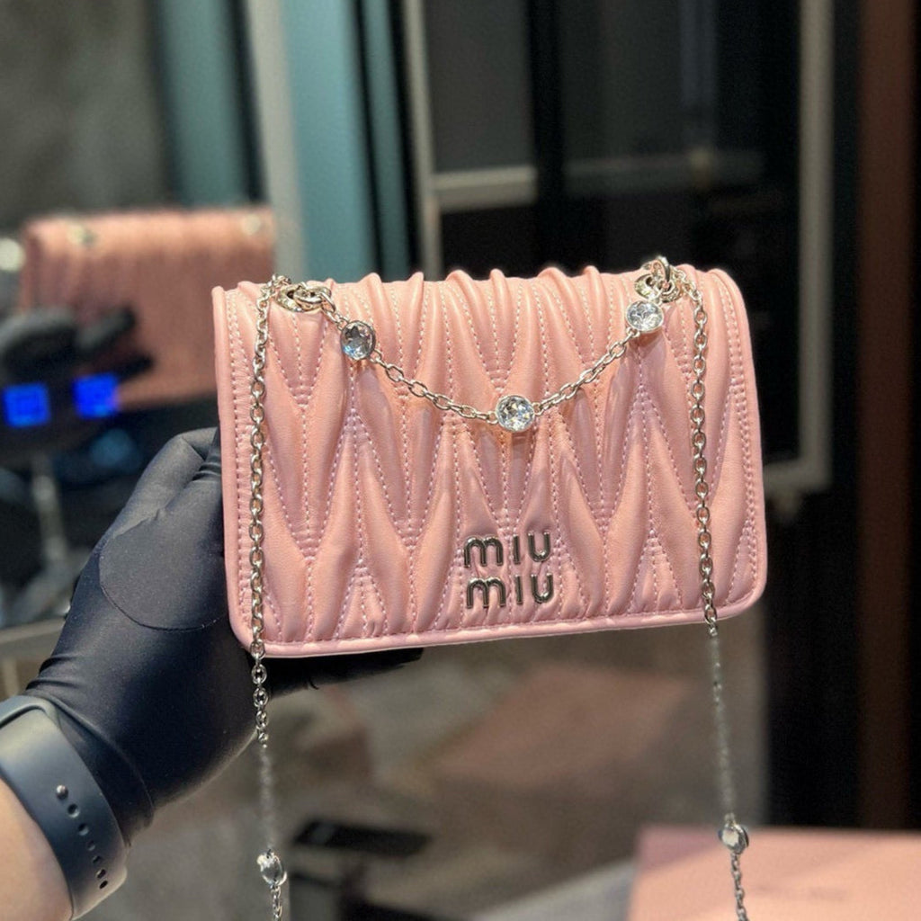 MIU MIU MATELASSé CRYSTAL CHAIN BAG 21 IN BABY PINK LAMBSKIN