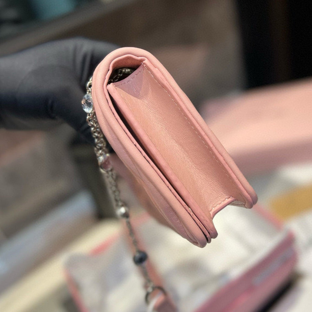 MIU MIU MATELASSé CRYSTAL CHAIN BAG 21 IN BABY PINK LAMBSKIN