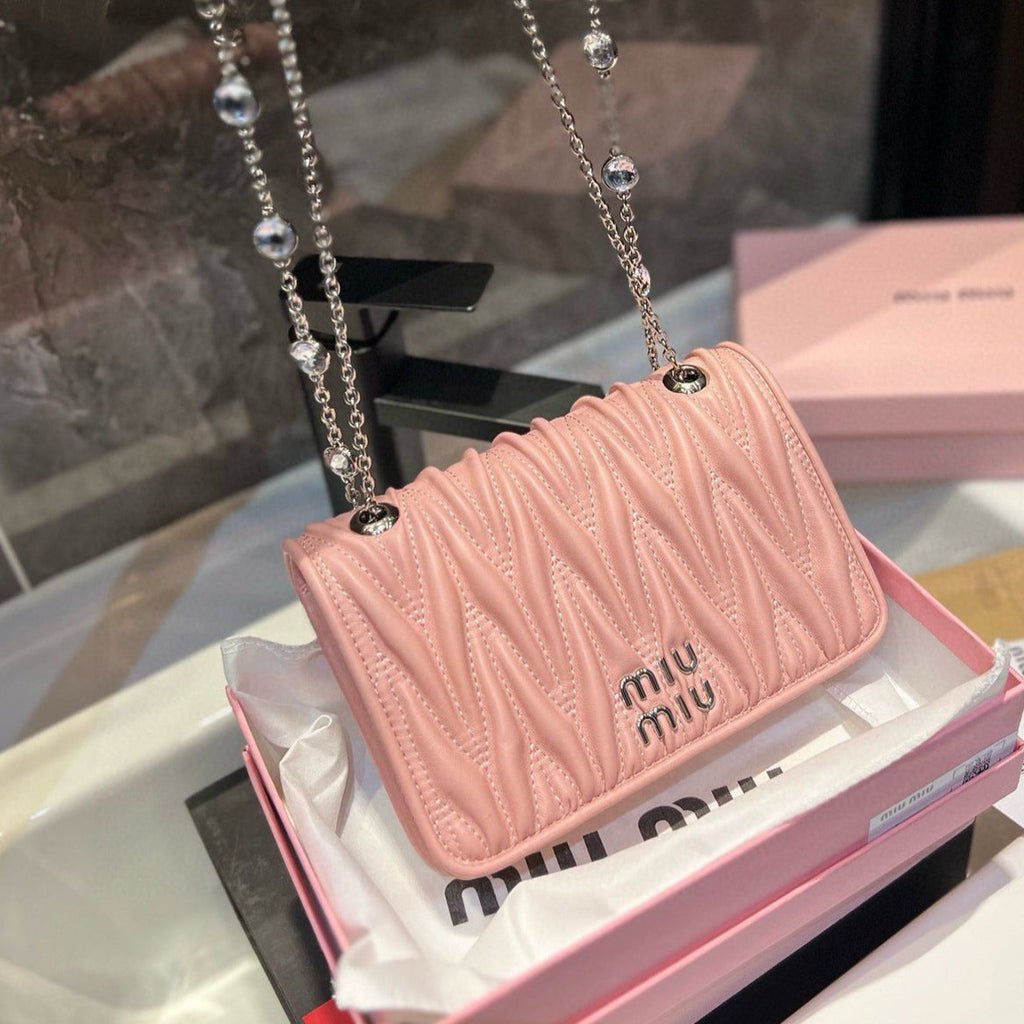 MIU MIU MATELASSé CRYSTAL CHAIN BAG 21 IN BABY PINK LAMBSKIN