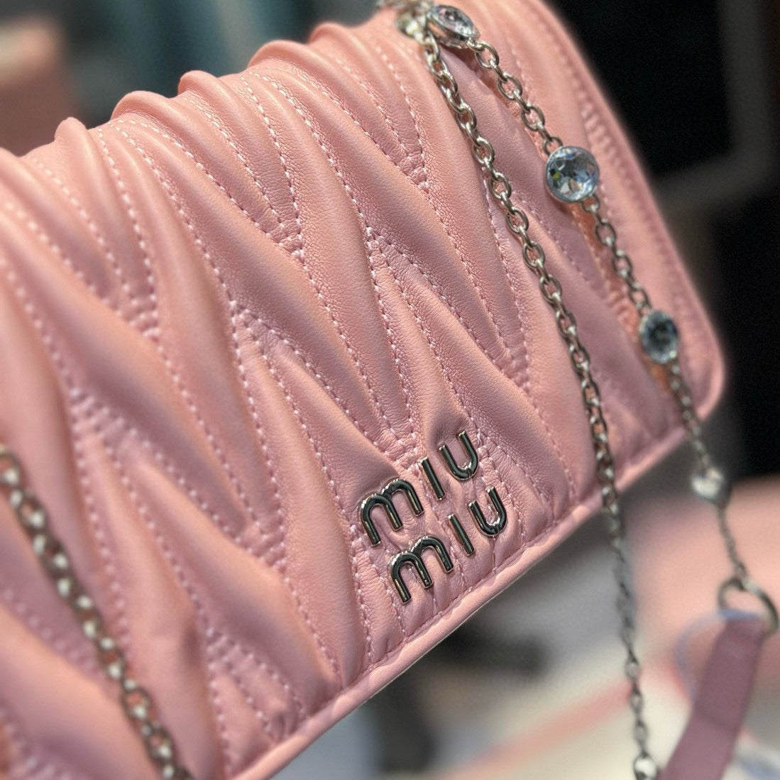 MIU MIU MATELASSé CRYSTAL CHAIN BAG 21 IN BABY PINK LAMBSKIN