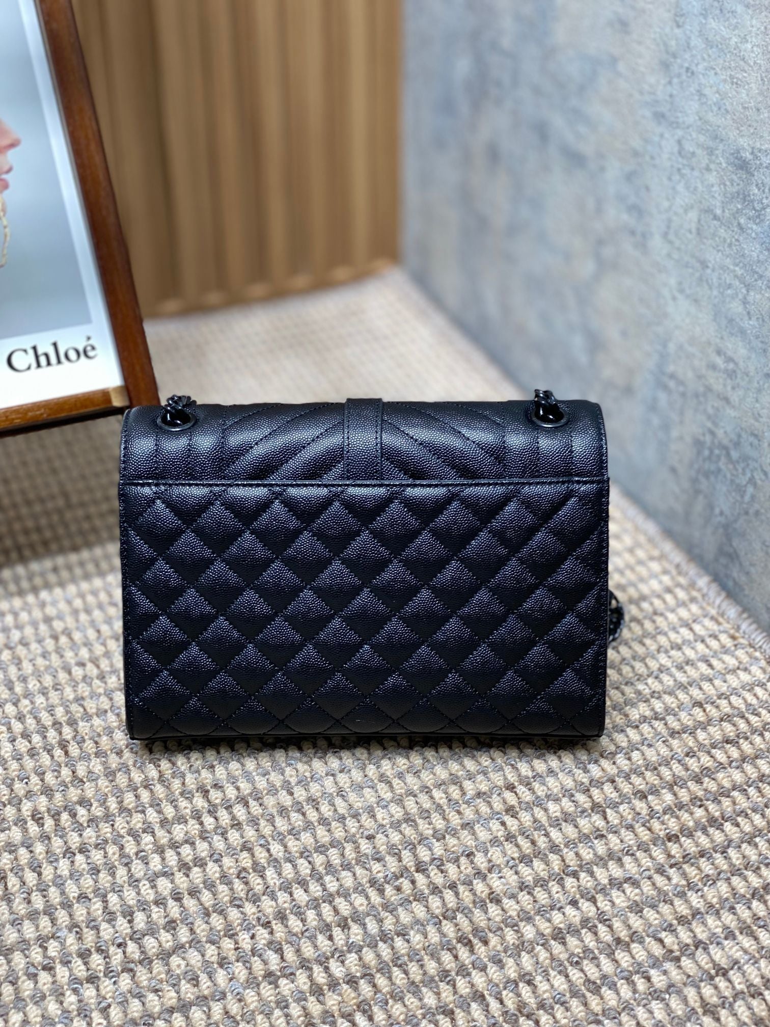 SAINT LAURENT ENVELOPE CHAIN BAG 24 IN BLACK CALFSKIN