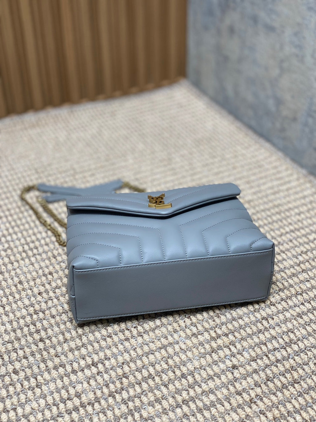 SAINT LAURENT LOULOU SMALL 25 IN ASH BLUE LAMBSKIN GOLD HARDWARE