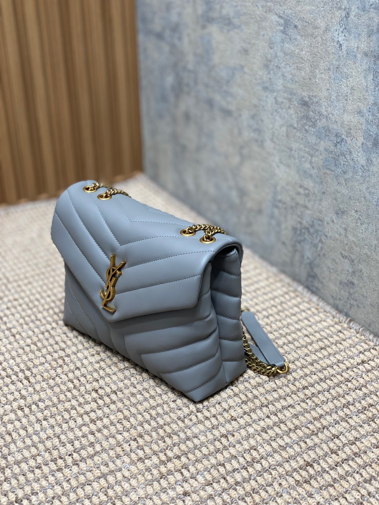 SAINT LAURENT LOULOU SMALL 25 IN ASH BLUE LAMBSKIN GOLD HARDWARE