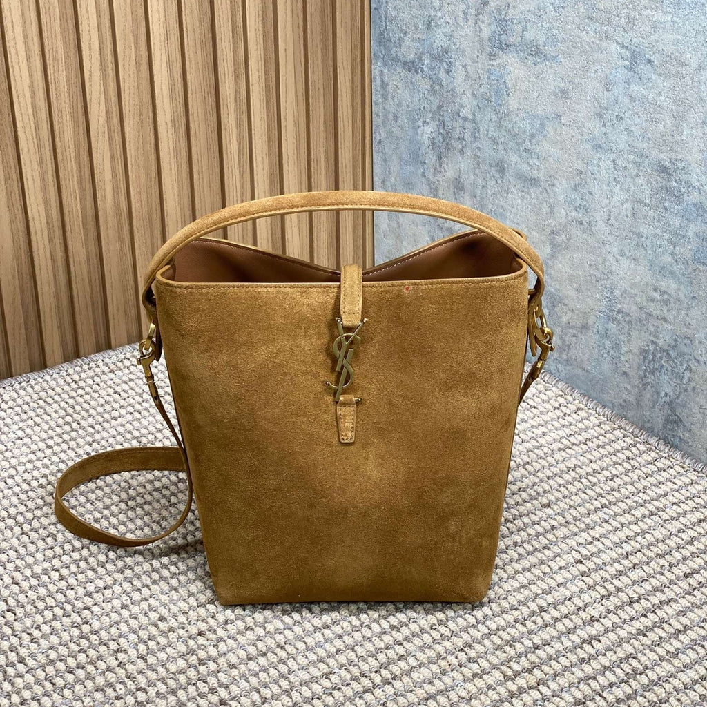 SAINT LAURENT LE 37 SMALL BUCKET BAG 25 IN BROWN SUEDE GOLD HARDWARE