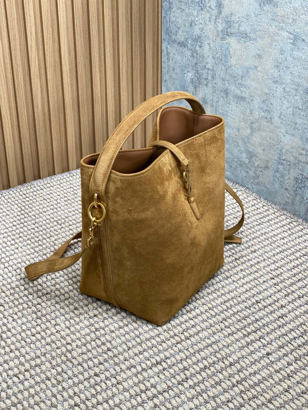 SAINT LAURENT LE 37 SMALL BUCKET BAG 25 IN BROWN SUEDE GOLD HARDWARE