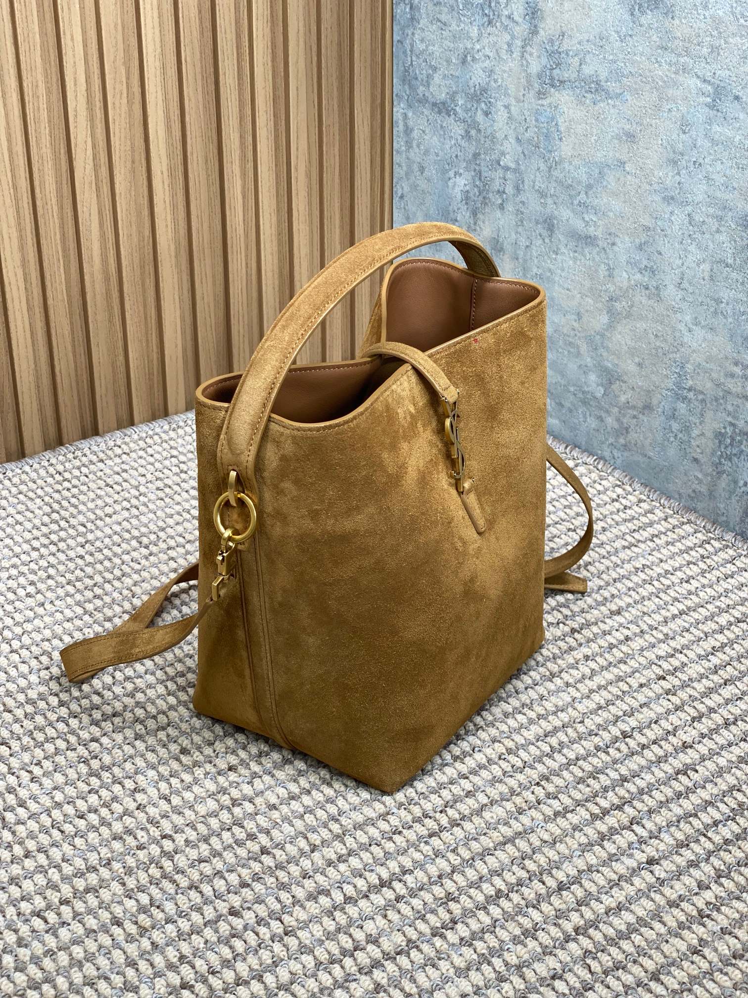 SAINT LAURENT LE 37 SMALL BUCKET BAG 25 IN BROWN SUEDE GOLD HARDWARE