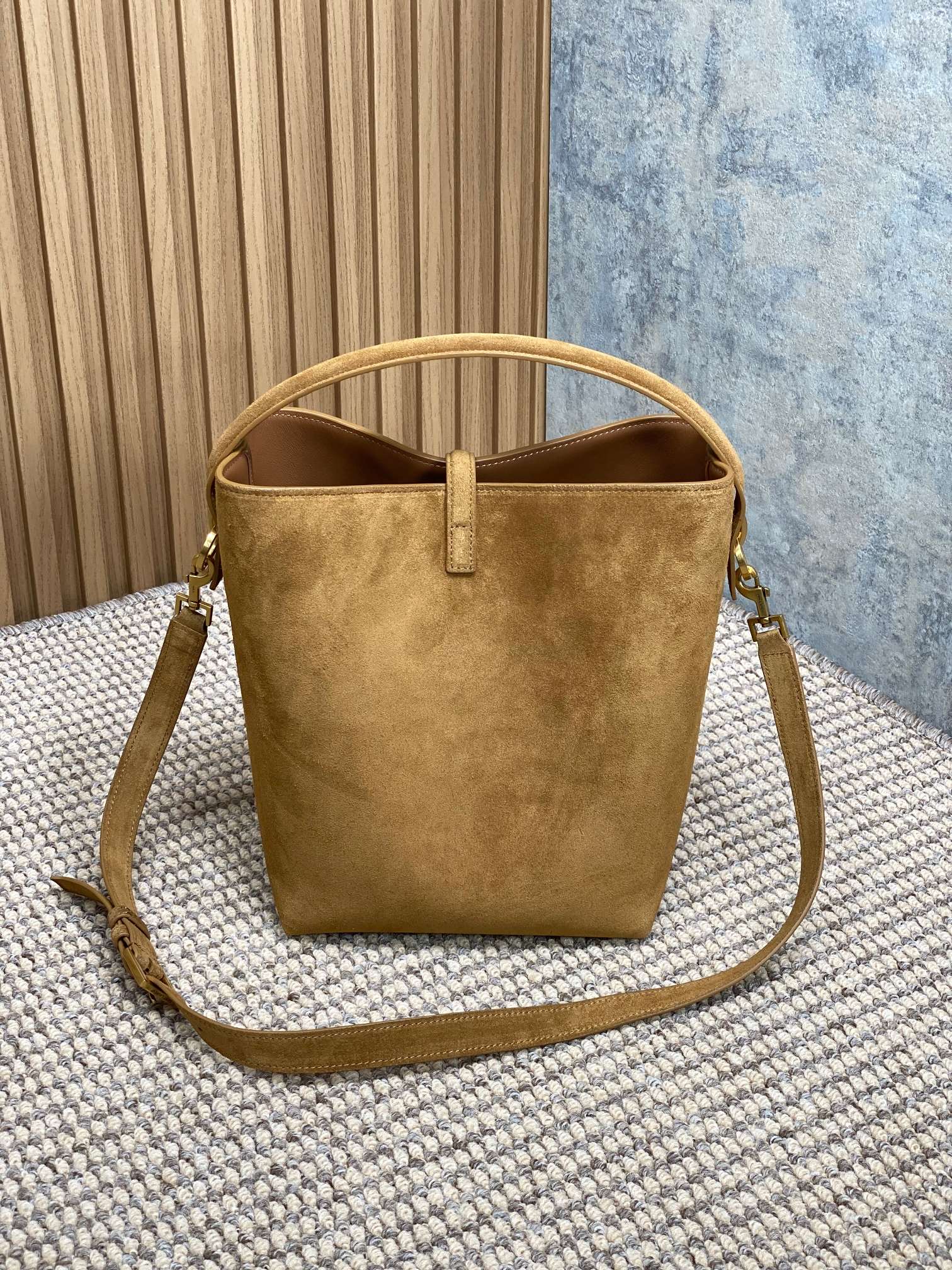 SAINT LAURENT LE 37 SMALL BUCKET BAG 25 IN BROWN SUEDE GOLD HARDWARE