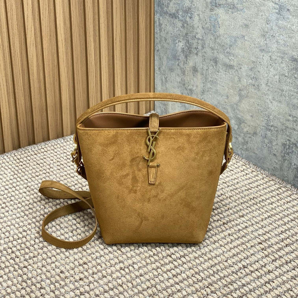 SAINT LAURENT LE 37 SMALL BUCKET BAG 20 IN BROWN SUEDE GOLD HARDWARE