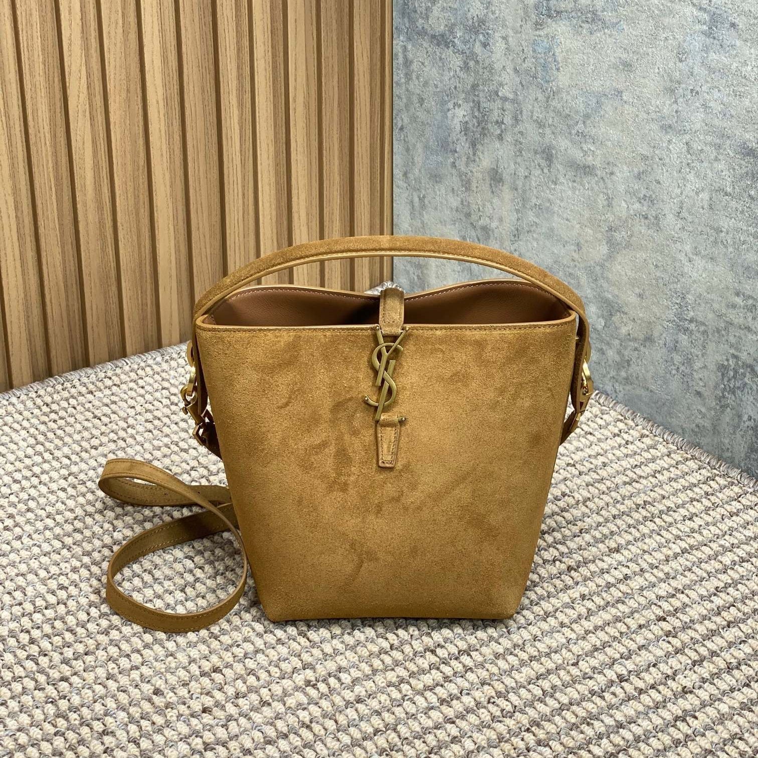 SAINT LAURENT LE 37 SMALL BUCKET BAG 20 IN BROWN SUEDE GOLD HARDWARE