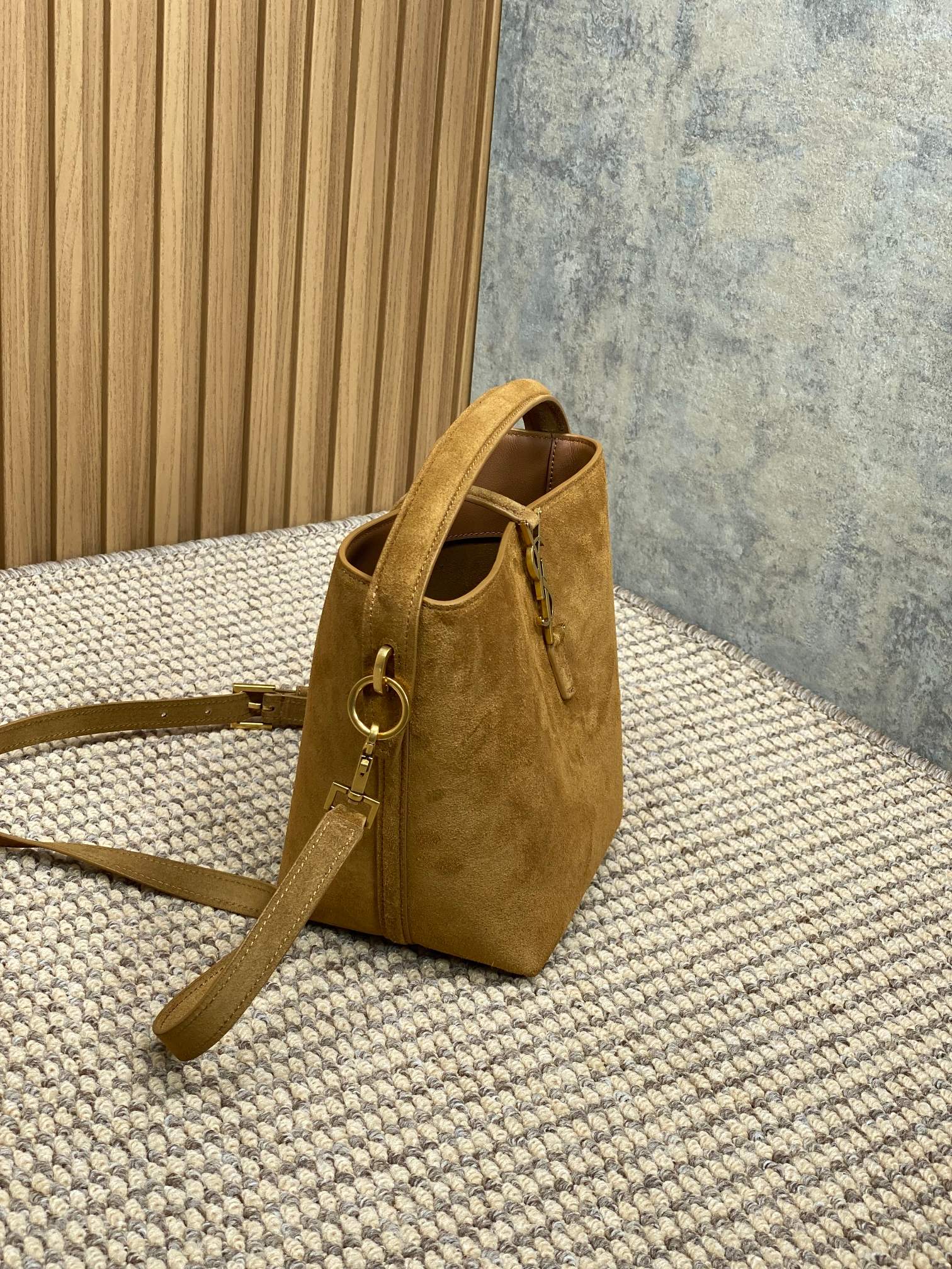 SAINT LAURENT LE 37 SMALL BUCKET BAG 20 IN BROWN SUEDE GOLD HARDWARE