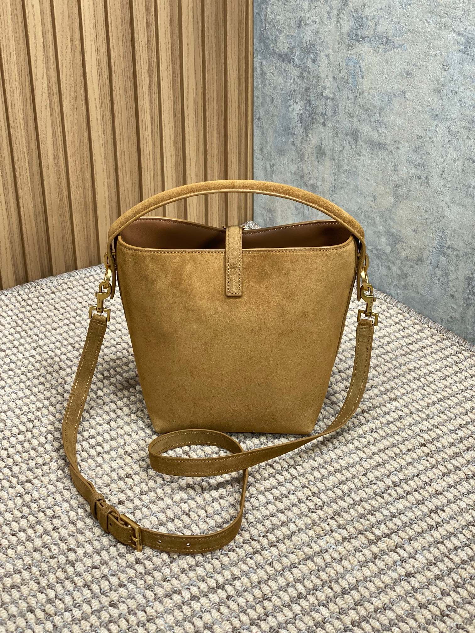 SAINT LAURENT LE 37 SMALL BUCKET BAG 20 IN BROWN SUEDE GOLD HARDWARE