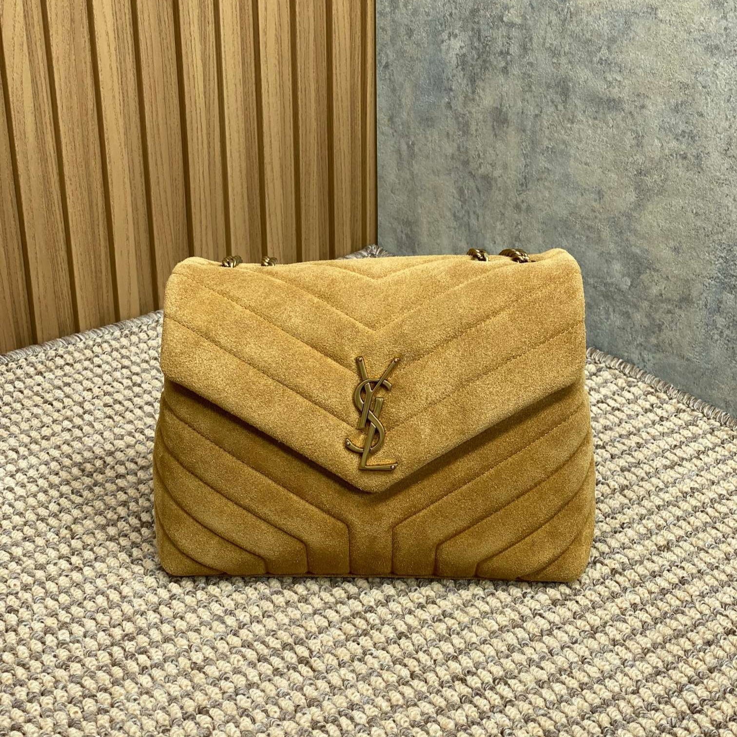SAINT LAURENT LOULOU SMALL 25 IN PEANUT BROWN SUEDE COPPER HARDWARE