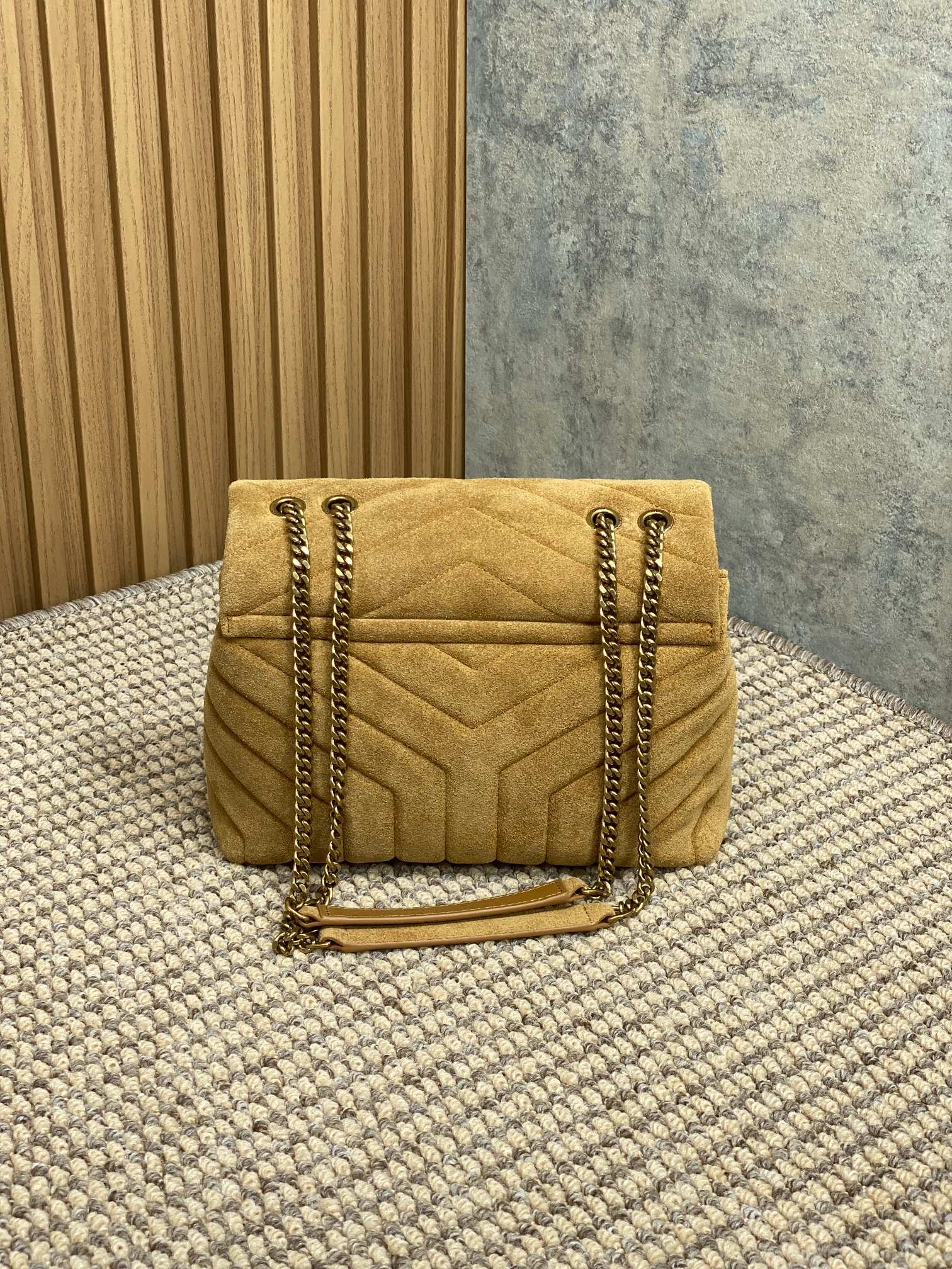 SAINT LAURENT LOULOU SMALL 25 IN PEANUT BROWN SUEDE COPPER HARDWARE