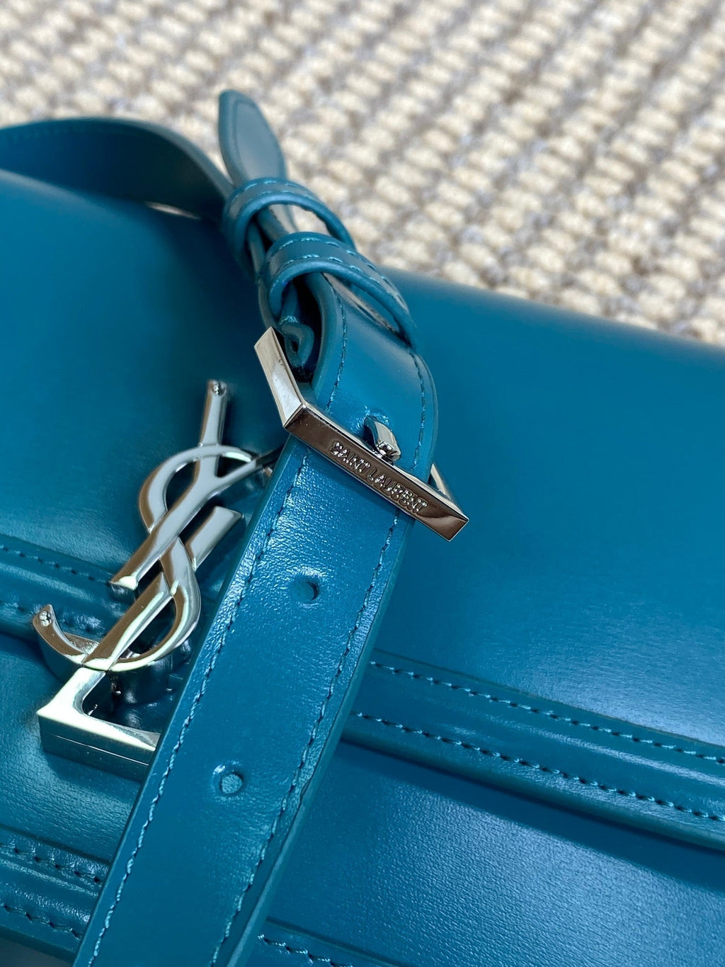 SAINT LAURENT SOLFERINO SMALL SATCHEL 23 IN CERULEAN BLUE CALFSKIN GOLD HARDWARE