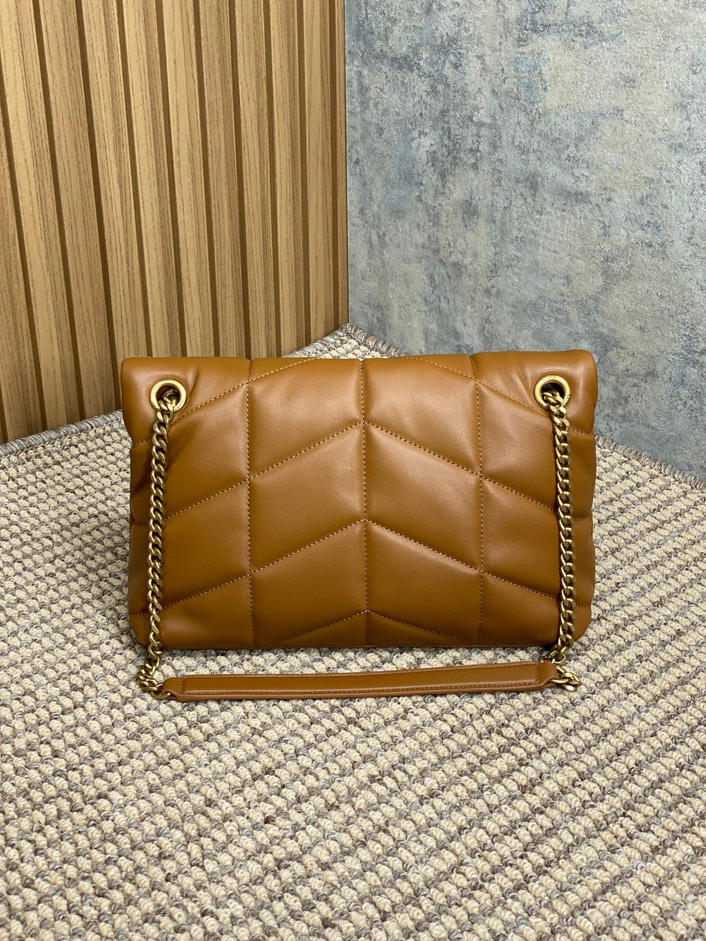 SAINT LAURENT PUFFER SMALL 29 IN BRONZE BROWN LAMBSKIN GOLD HARDWARE