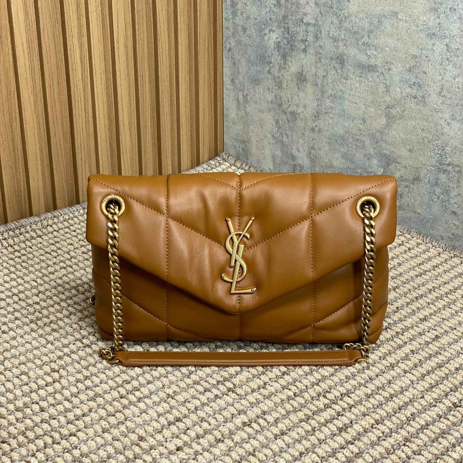 SAINT LAURENT PUFFER SMALL 29 IN BRONZE BROWN LAMBSKIN GOLD HARDWARE