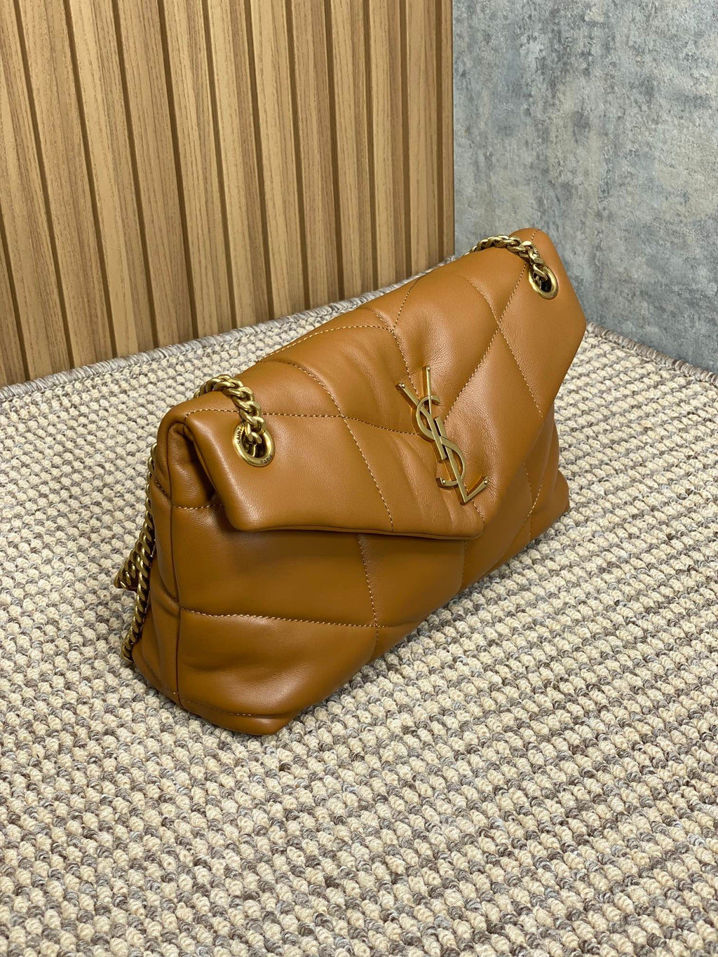 SAINT LAURENT PUFFER SMALL 29 IN BRONZE BROWN LAMBSKIN GOLD HARDWARE