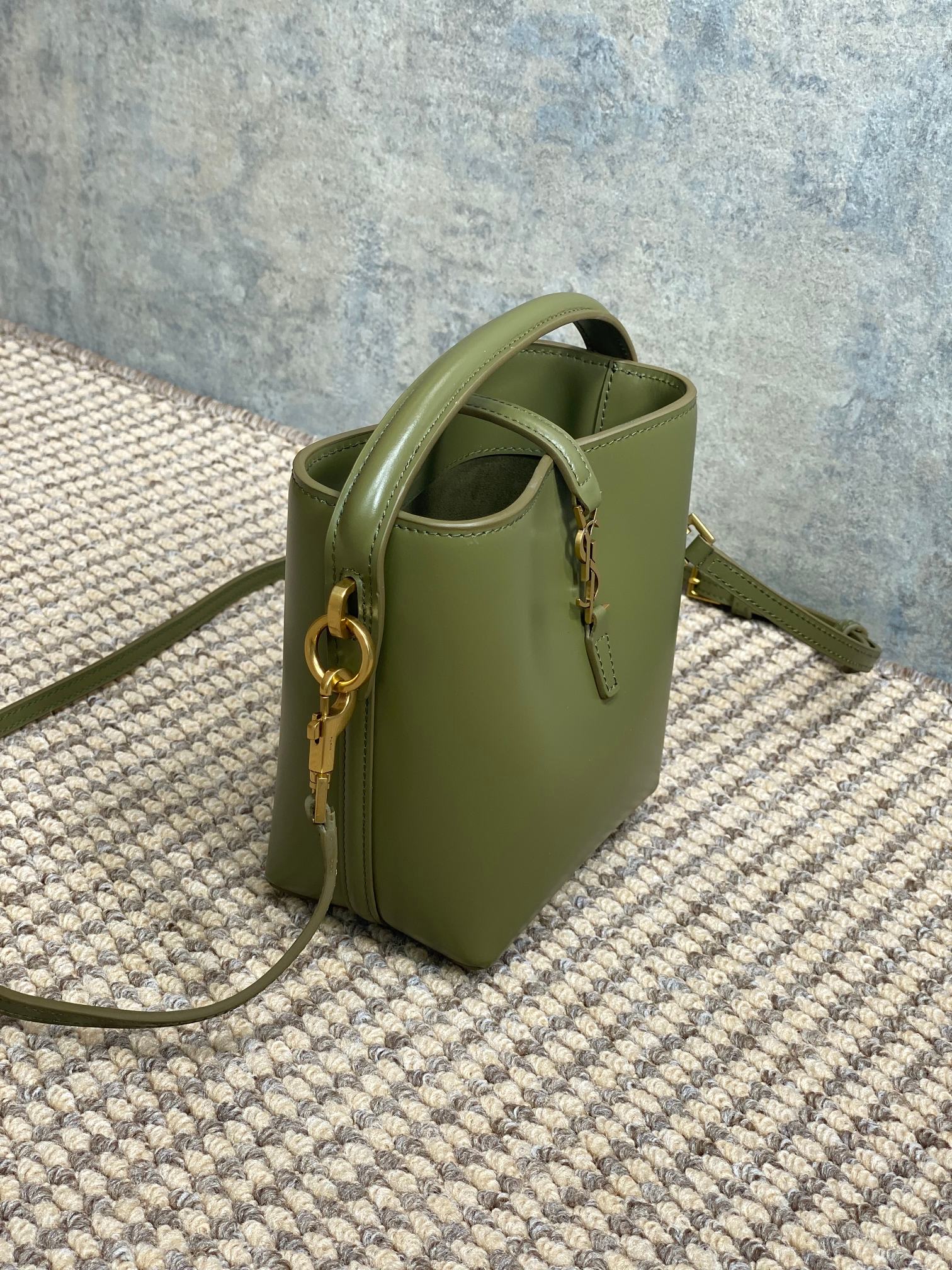 SAINT LAURENT LE 37 MINI BUCKET BAG 15 IN AVOCADO GREEN CALFSKIN GOLD HARDWARE