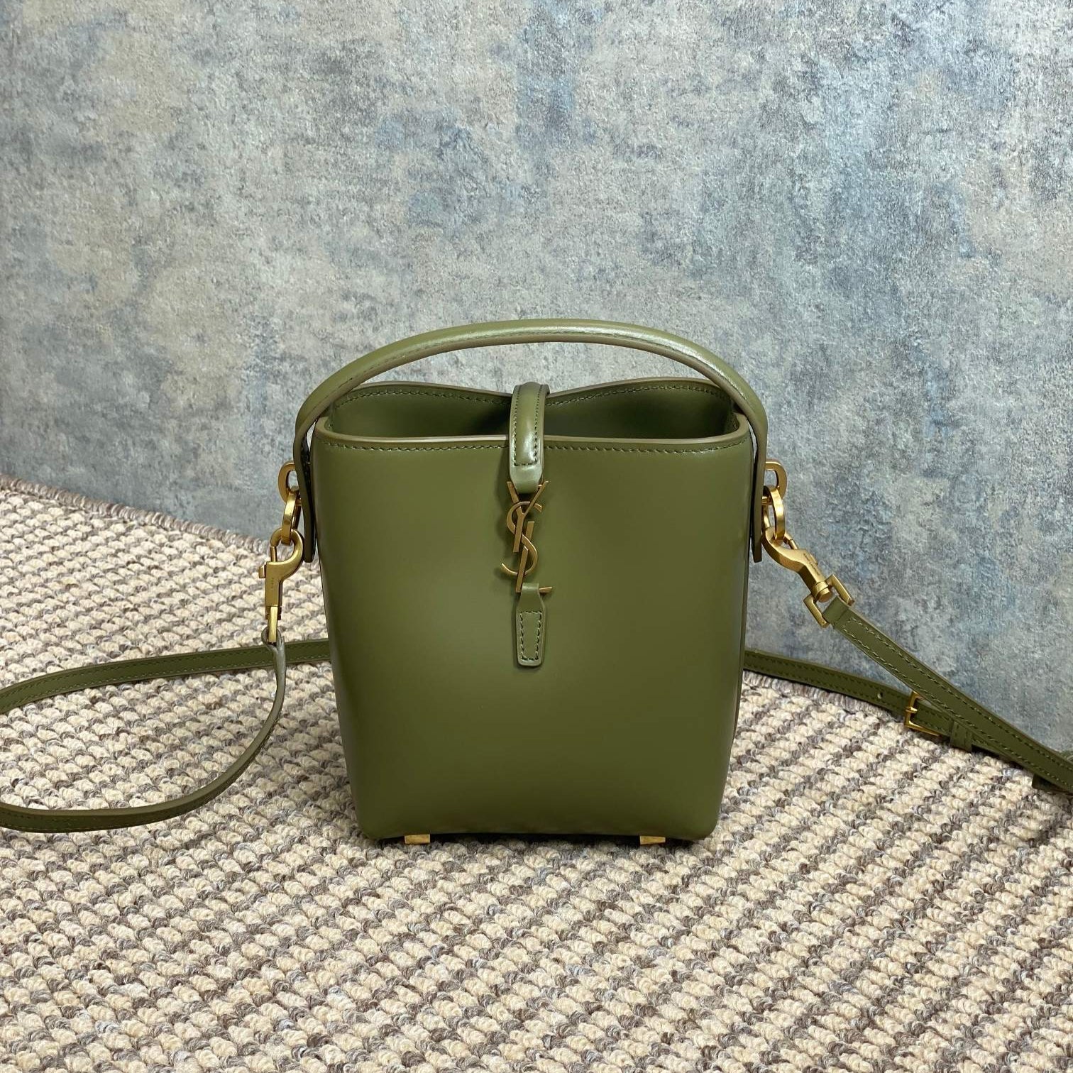 SAINT LAURENT LE 37 MINI BUCKET BAG 15 IN AVOCADO GREEN CALFSKIN GOLD HARDWARE