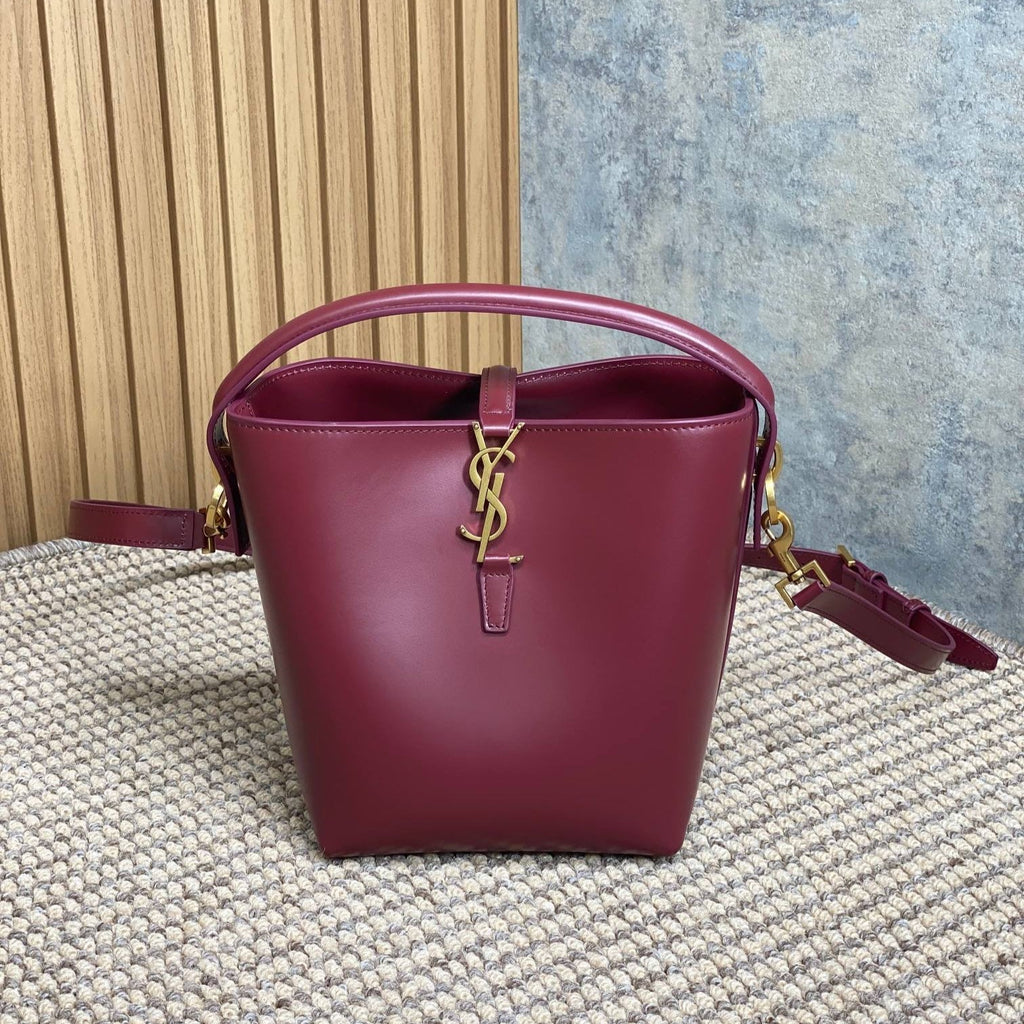 SAINT LAURENT LE 37 SMALL BUCKET BAG 20 IN BURGUNDY RED CALFSKIN GOLD HARDWARE