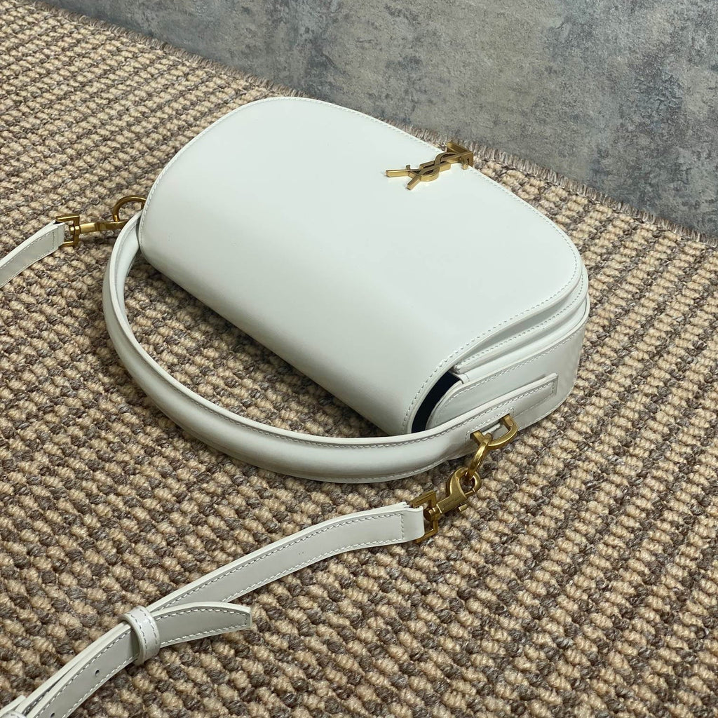 SAINT LAURENT VOLTAIRE HALF-MOON SHOULDER BAG 24 IN WHITE CALFSKIN GOLD METALLIC