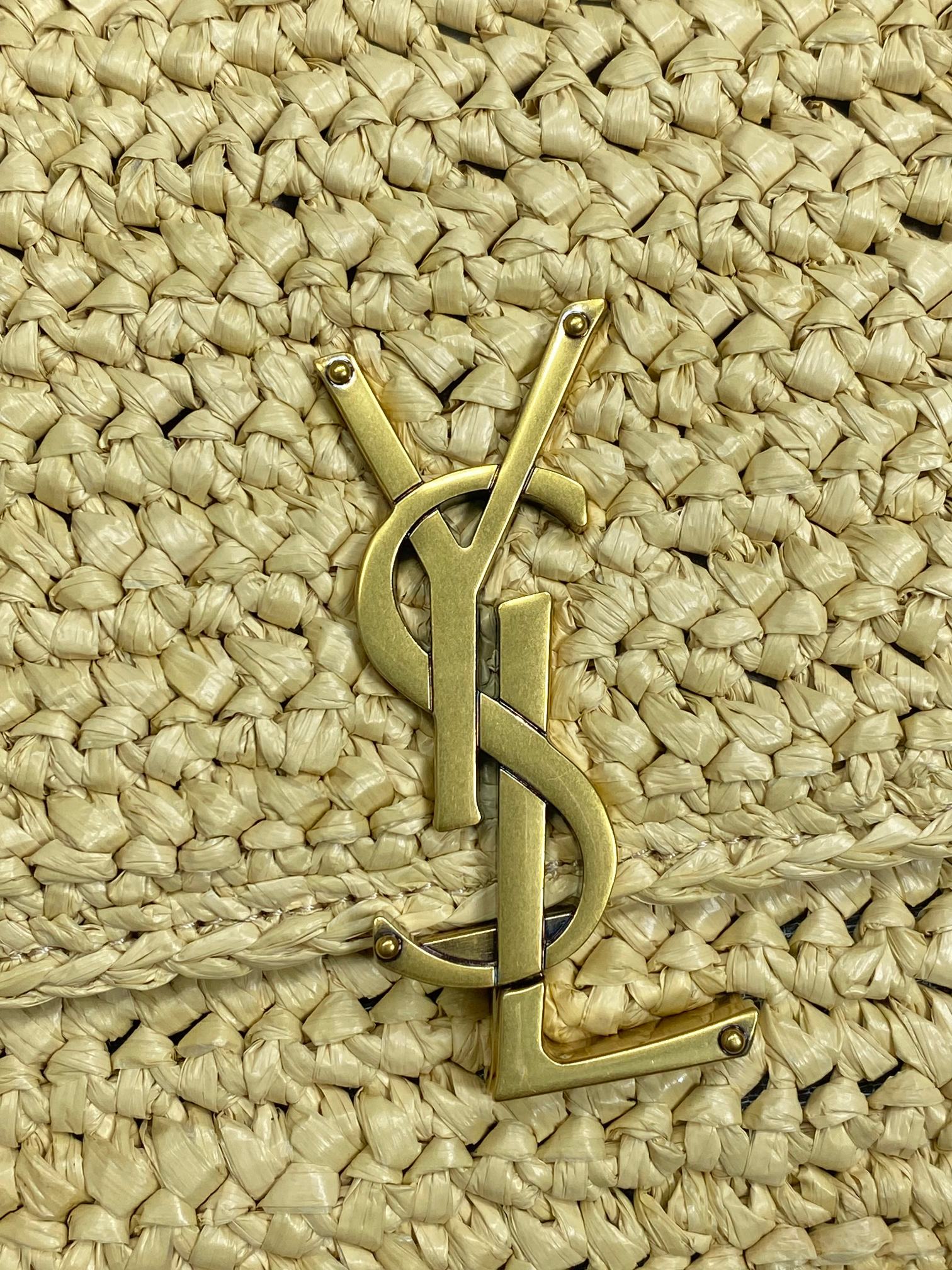 SAINT LAURENT SOLFERINO MEDIUM CROSSBODY BAG 23 IN BEIGE MIX BROWN RAFFIA