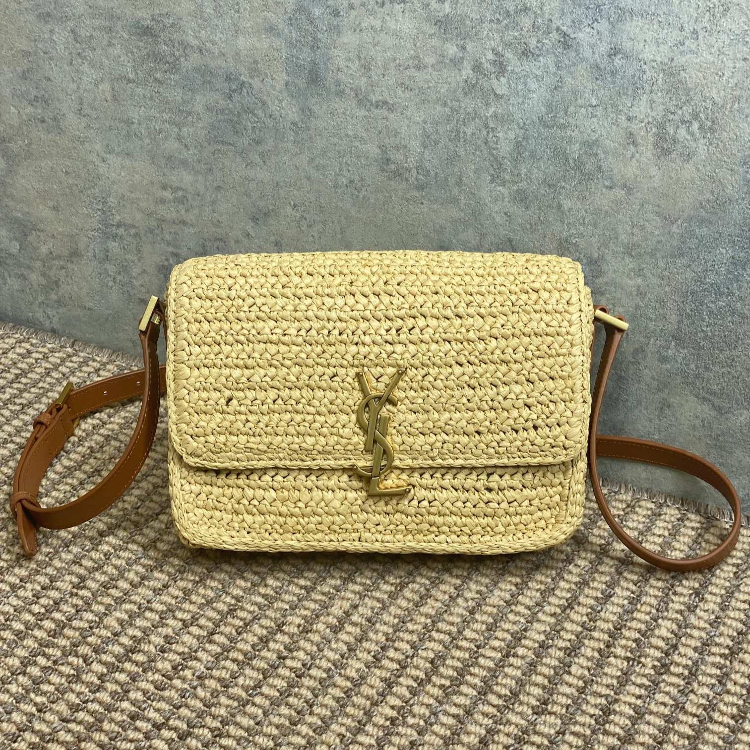SAINT LAURENT SOLFERINO MEDIUM CROSSBODY BAG 23 IN BEIGE MIX BROWN RAFFIA