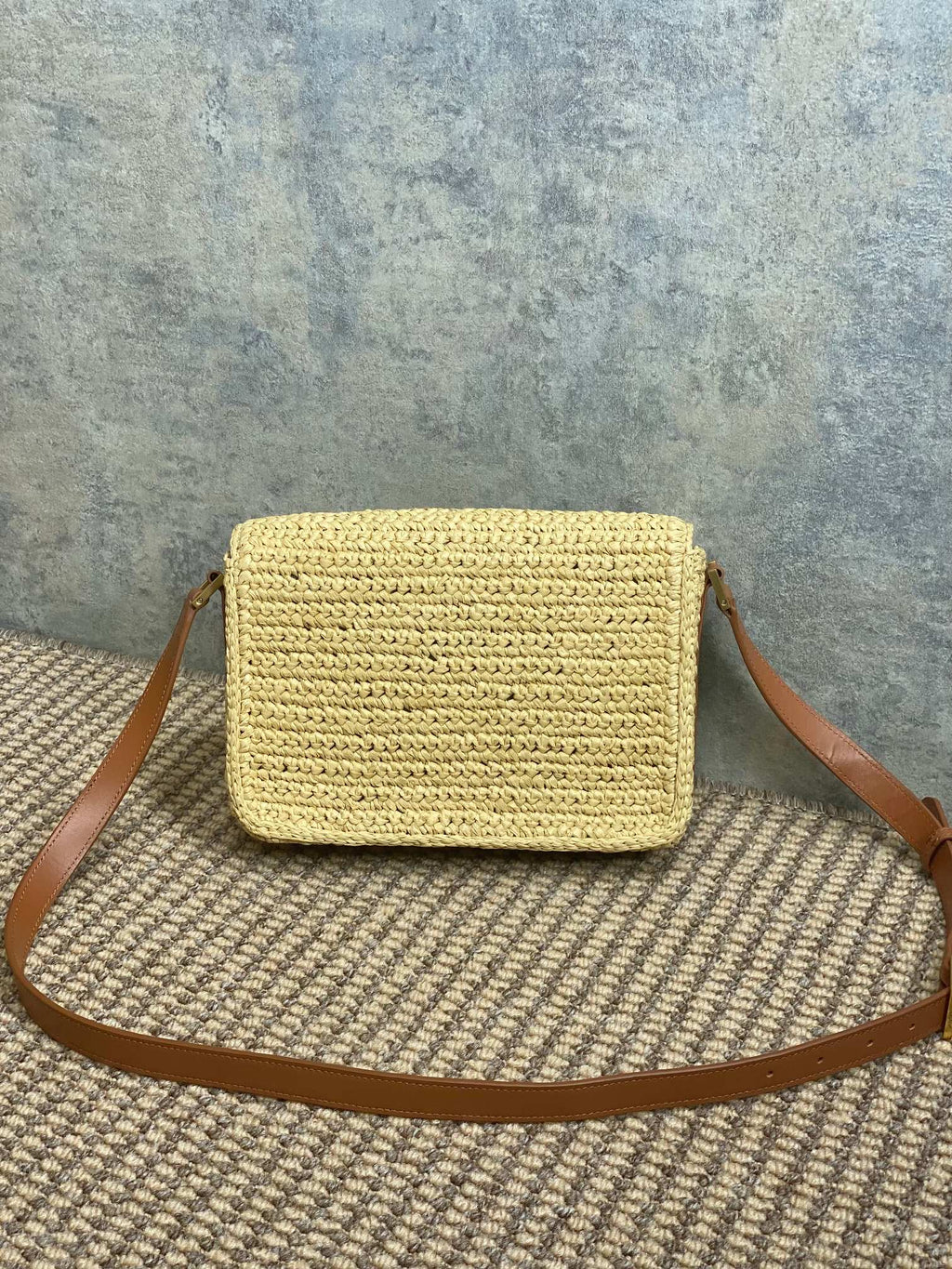 SAINT LAURENT SOLFERINO MEDIUM CROSSBODY BAG 23 IN BEIGE MIX BROWN RAFFIA