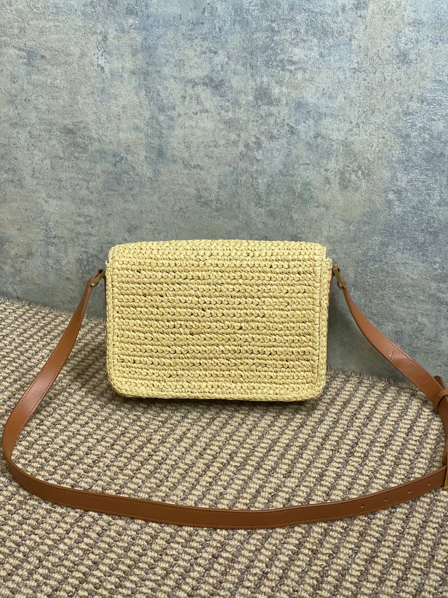 SAINT LAURENT SOLFERINO MEDIUM CROSSBODY BAG 23 IN BEIGE MIX BROWN RAFFIA