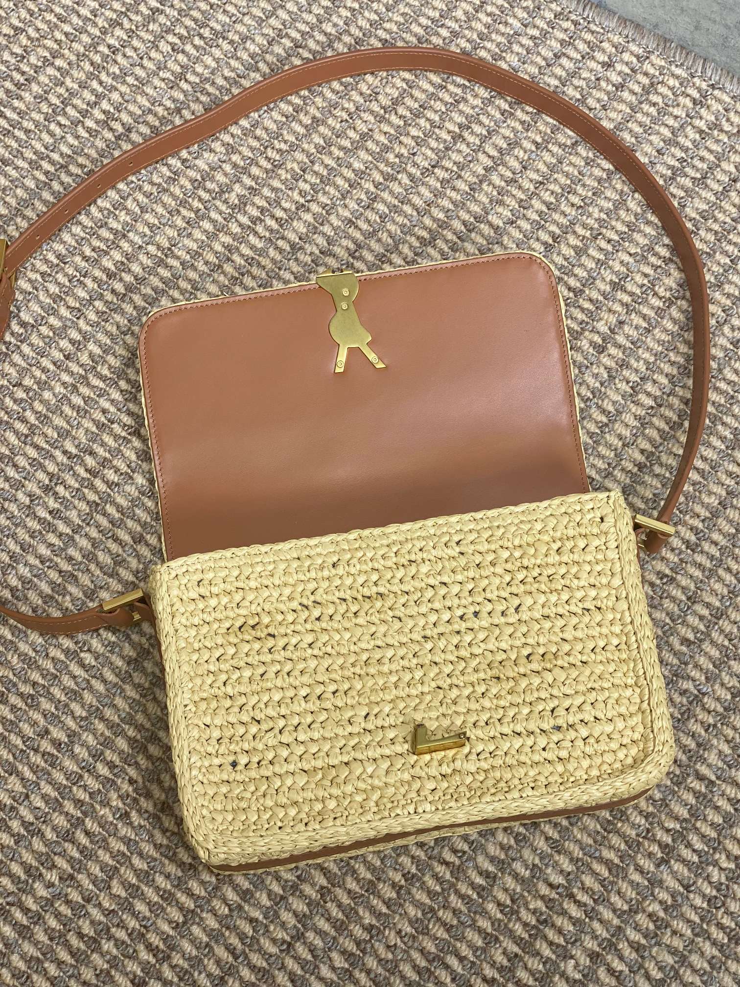 SAINT LAURENT SOLFERINO MEDIUM CROSSBODY BAG 23 IN BEIGE MIX BROWN RAFFIA