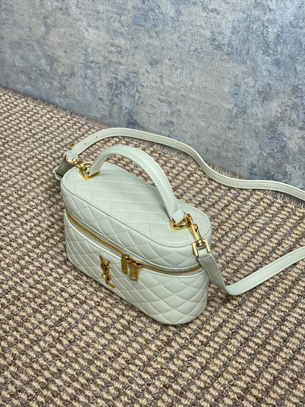 SAINT LAURENT GABY MINI VANITY 18 IN IVORY WHITE LAMBSKIN GOLD HARDWARE