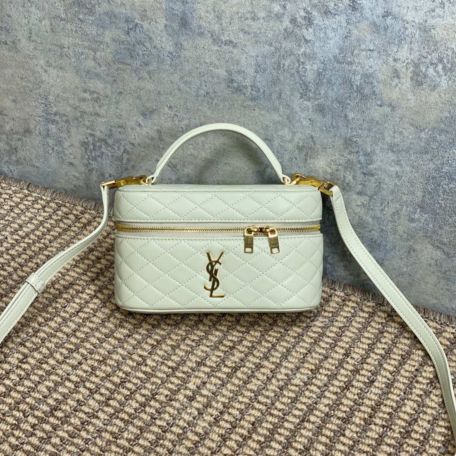 SAINT LAURENT GABY MINI VANITY 18 IN IVORY WHITE LAMBSKIN GOLD HARDWARE