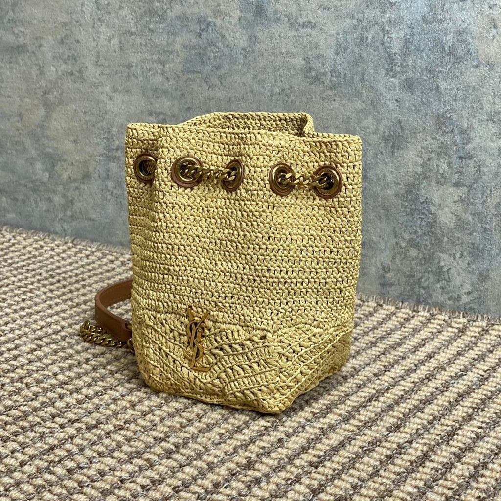 SAINT LAURENT DRAWSTRING BUCKET BAG 19 IN BEIGE WOVEN RAFFIA AND CALFSKIN