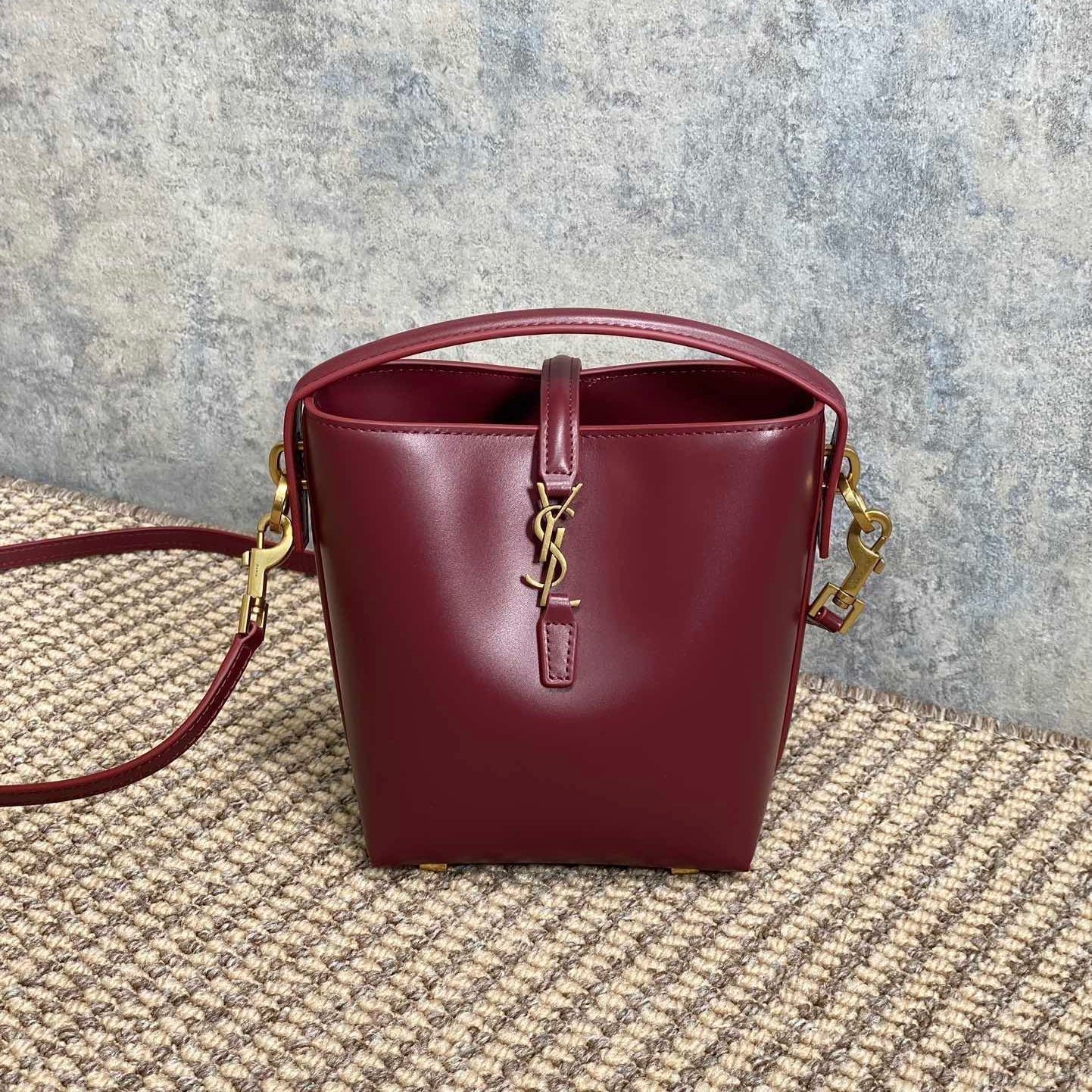 SAINT LAURENT LE 37 MINI BUCKET BAG 15 IN BURGUNDY RED CALFSKIN GOLD HARDWARE