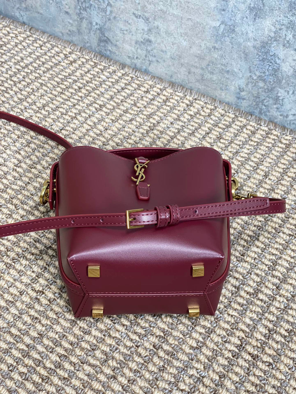 SAINT LAURENT LE 37 MINI BUCKET BAG 15 IN BURGUNDY RED CALFSKIN GOLD HARDWARE